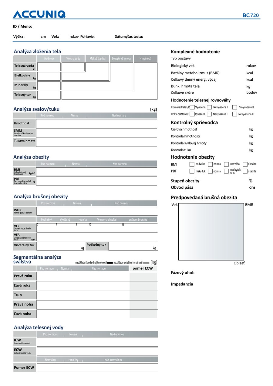 Výsledkový list ACCUNIQ BC720 – zloženie tela